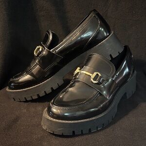 Madden Girl Black Patent Leather Lug-Sole Loafers with Gold Bit